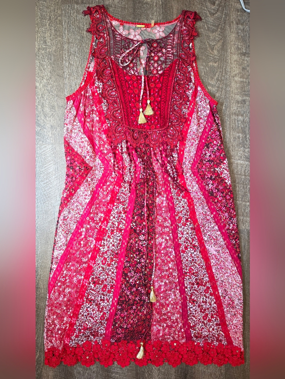 Elie Tahari Redwood McKenna Silk  Midi Dress Womens 8 Red Floral Boho Tassels - Picture 6 of 15